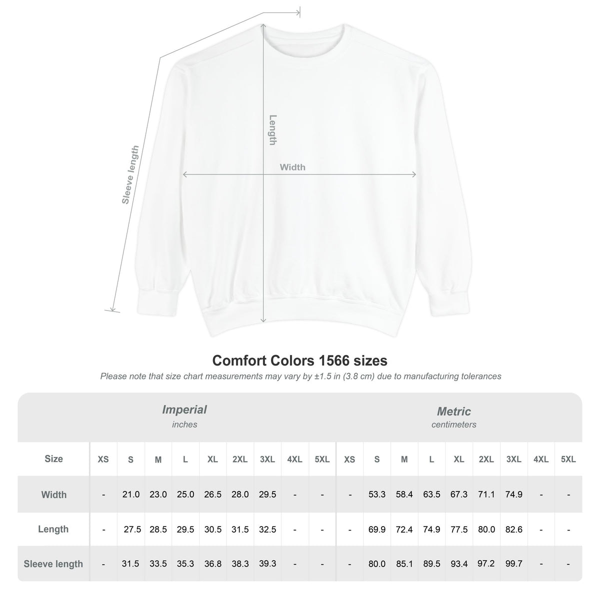 Gravity Skiing Crewneck Sweatshirt size chart