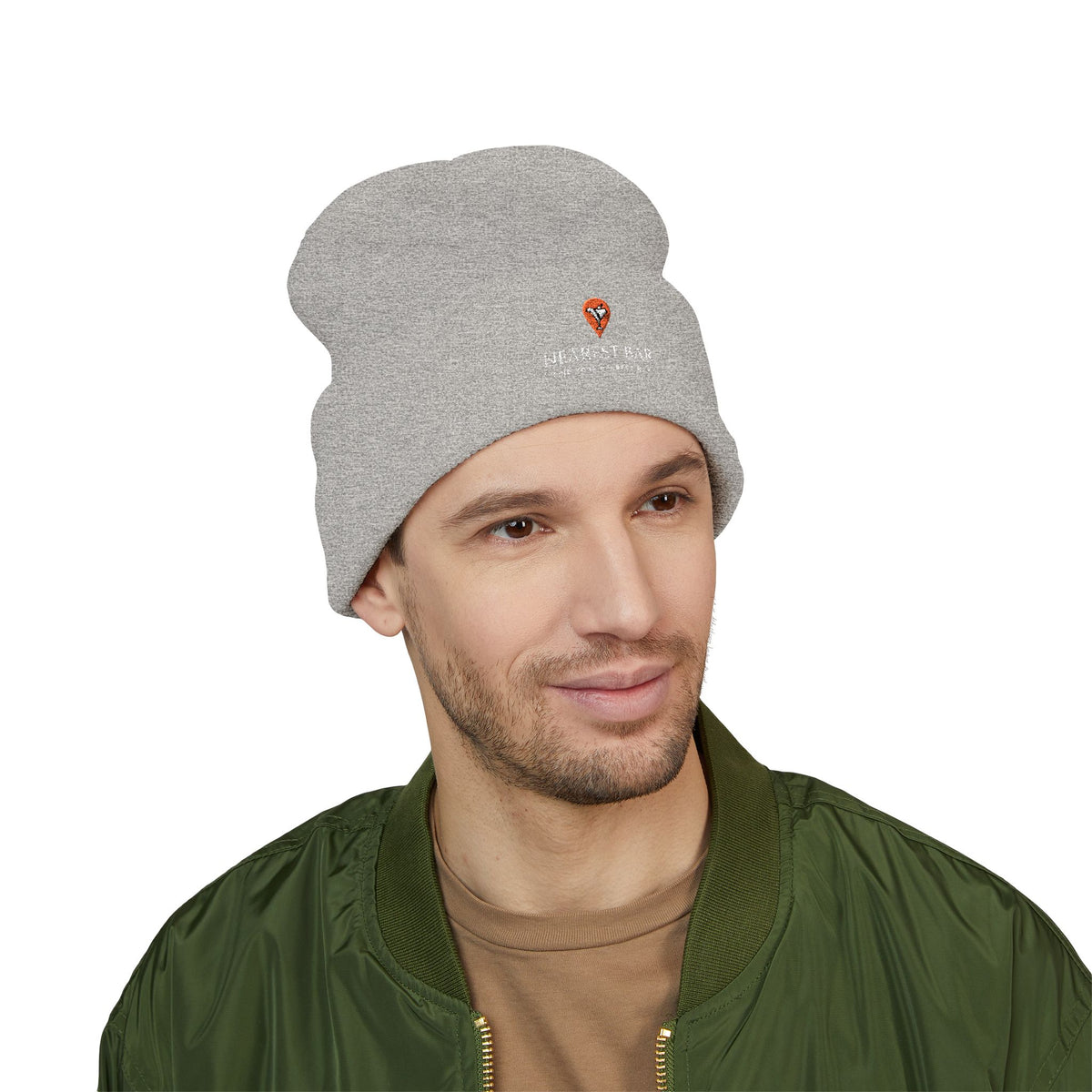 Nearest Bar Knit Cap in Heather Grey, male model