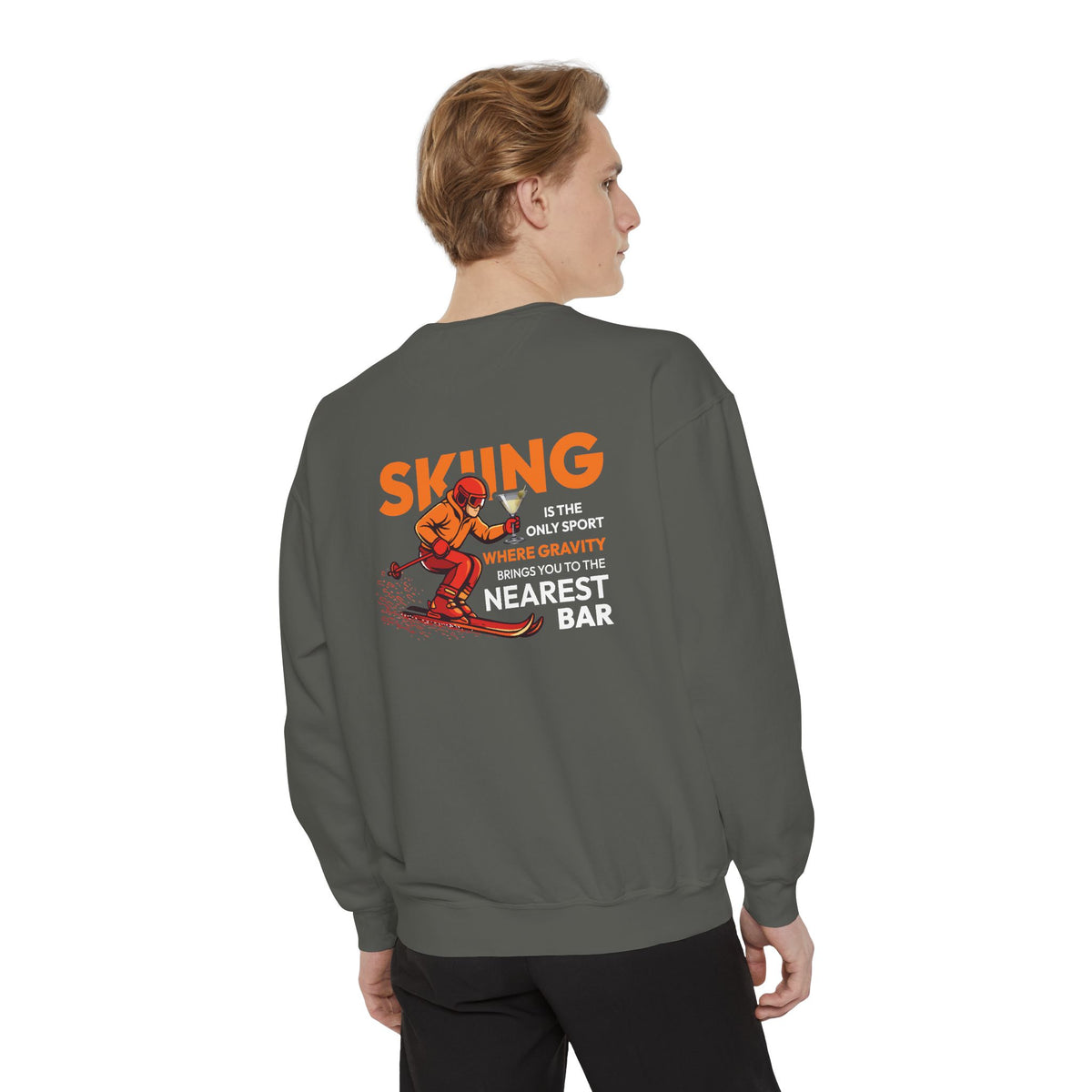Gravity Skiing Crewneck Sweatshirt in Pepper, male model, back