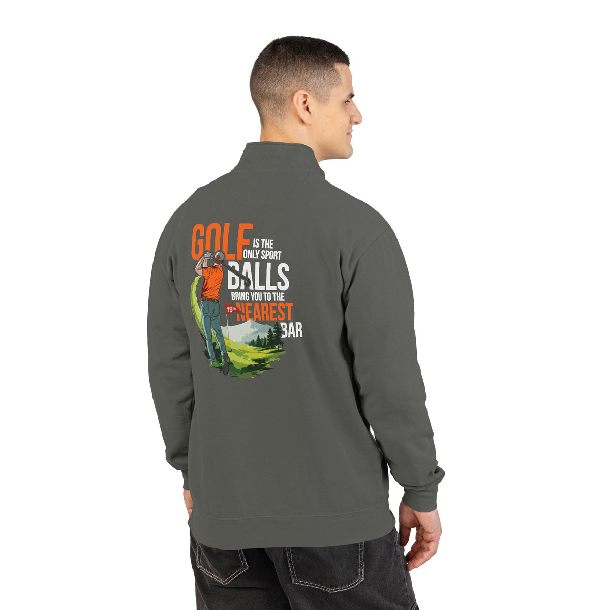 Man wearing Nearest Bar golf quarter-zip in Pepper, back graphic