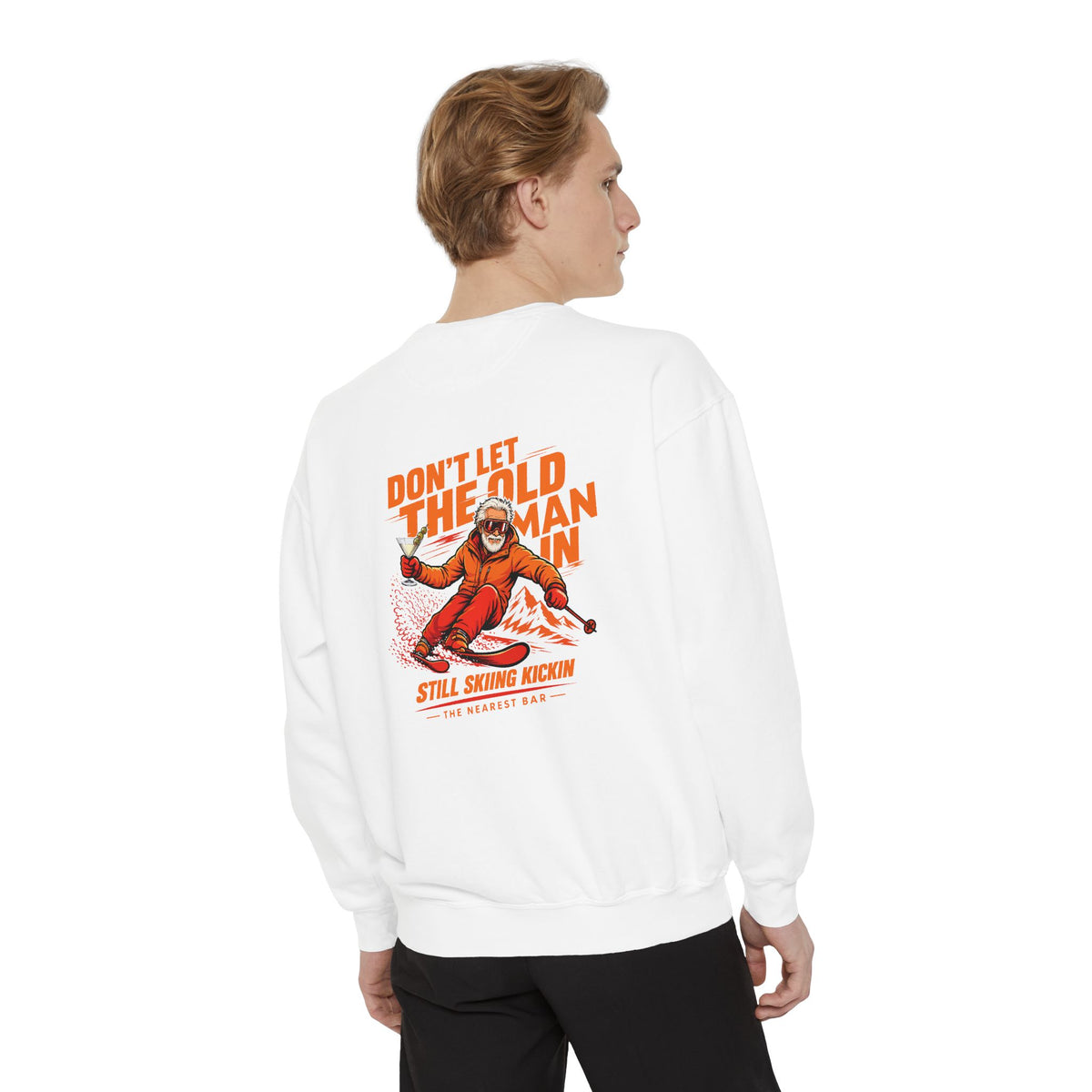 Don't Let the Old Man In Crewneck Sweatshirt in White, male model, back