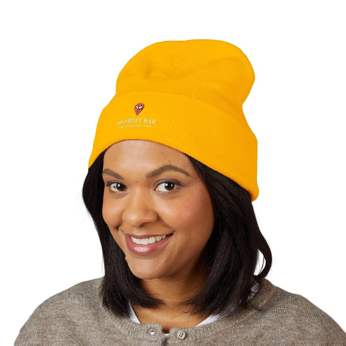 Nearest Bar Knit Cap in Gold, female model