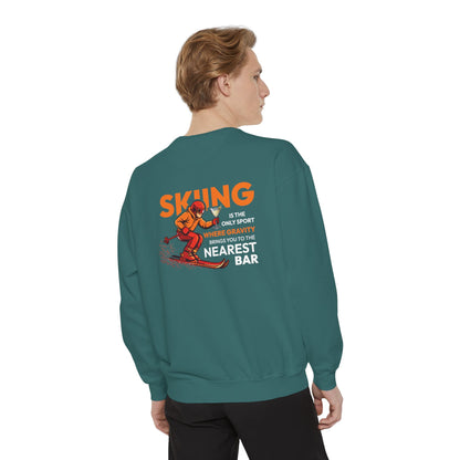 Gravity Skiing Crewneck Sweatshirt in Blue Spruce, male model, back