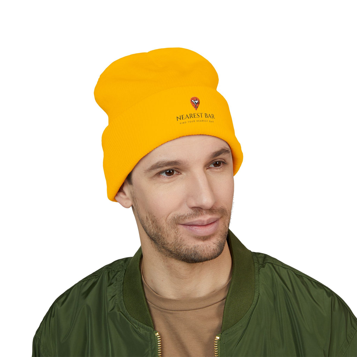 Nearest Bar Knit Cap (Light Colors) in Gold, male model