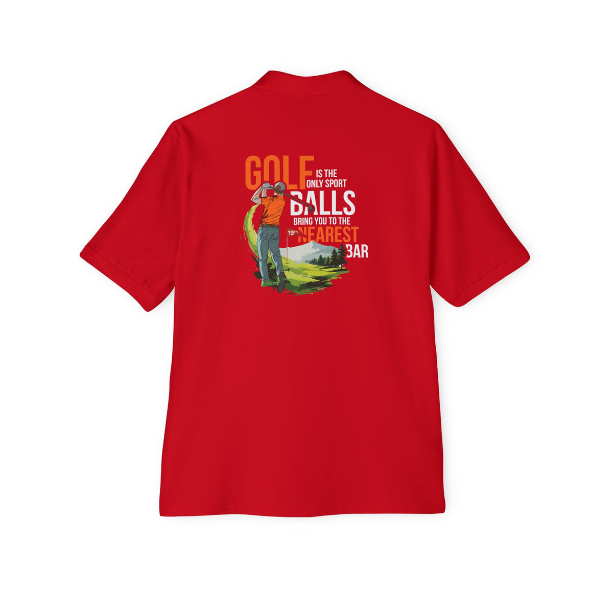Golf Polo Shirt in True Red, back view with golf graphic