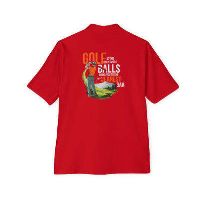 Golf Polo Shirt in True Red, back view with golf graphic