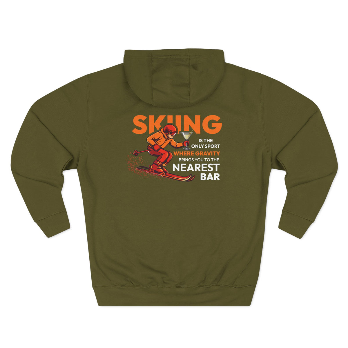 Gravity Skiing Fleece Hoodie in Army Green, flat back