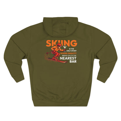 Gravity Skiing Fleece Hoodie in Army Green, flat back