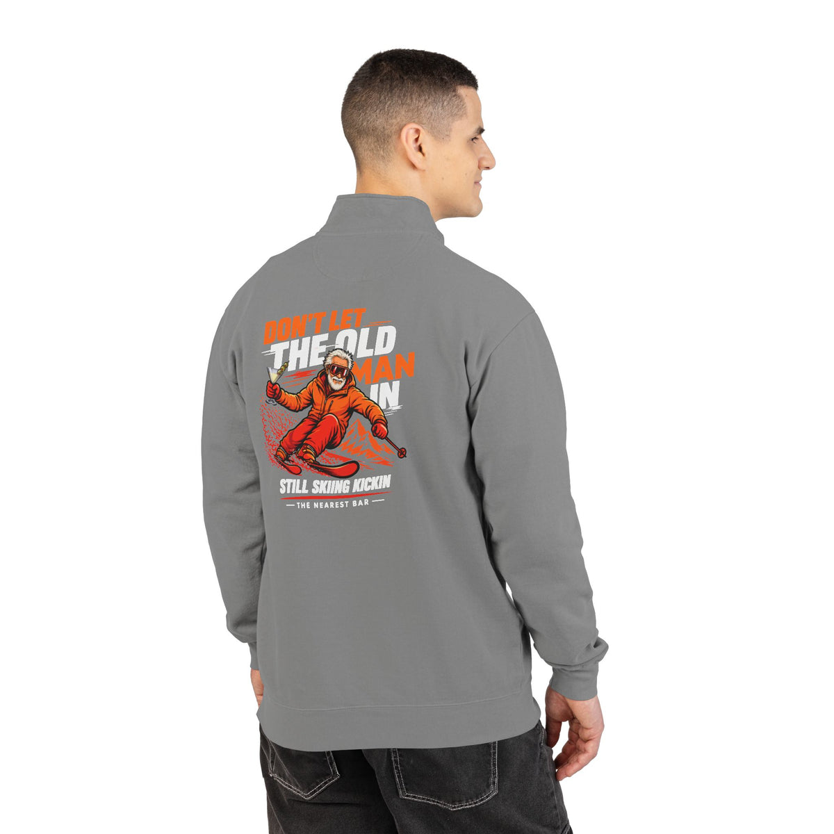 Don't Let the Old Man In Quarter-Zip Sweatshirt in Grey, male model, back