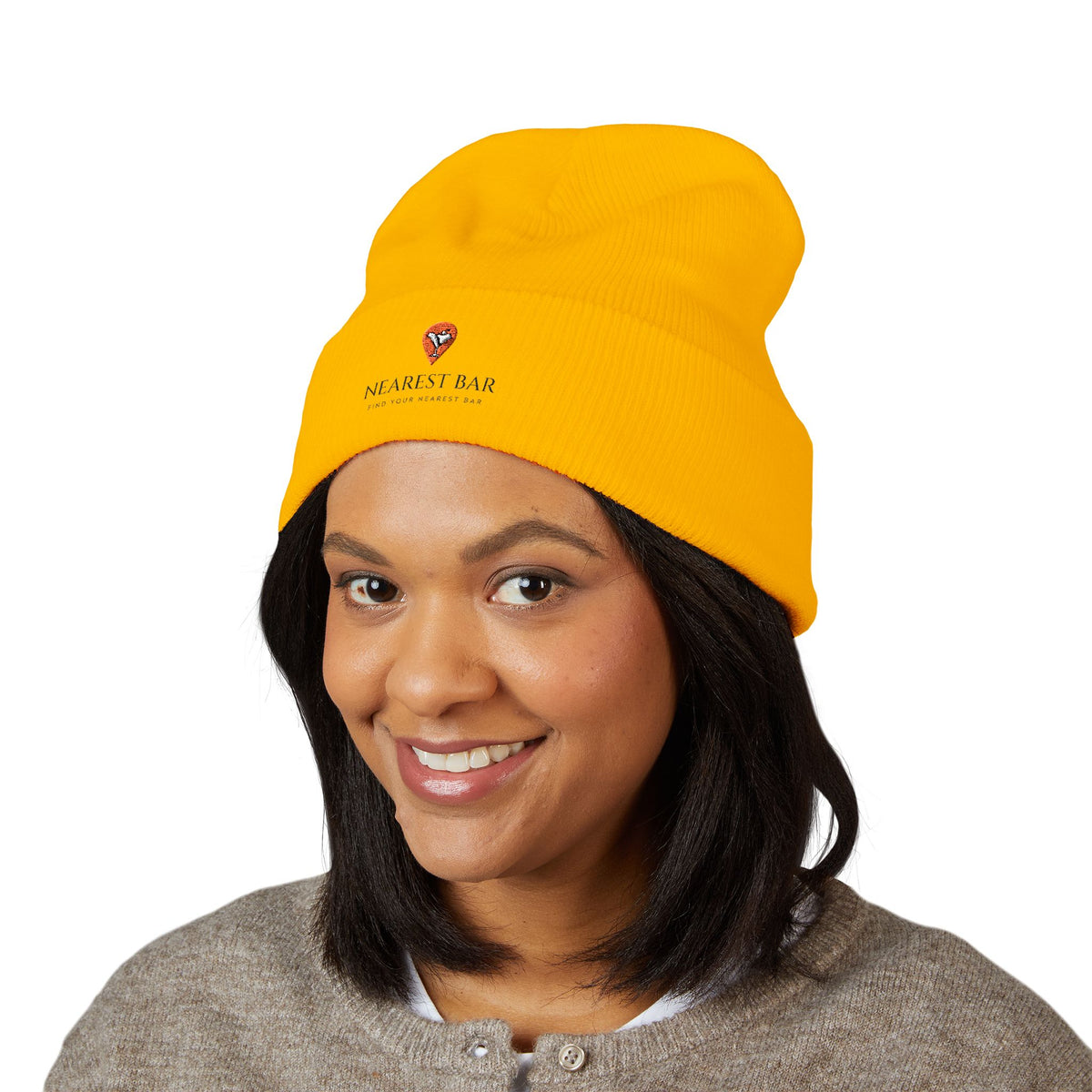 Nearest Bar Knit Cap (Light Colors) in Gold, female model