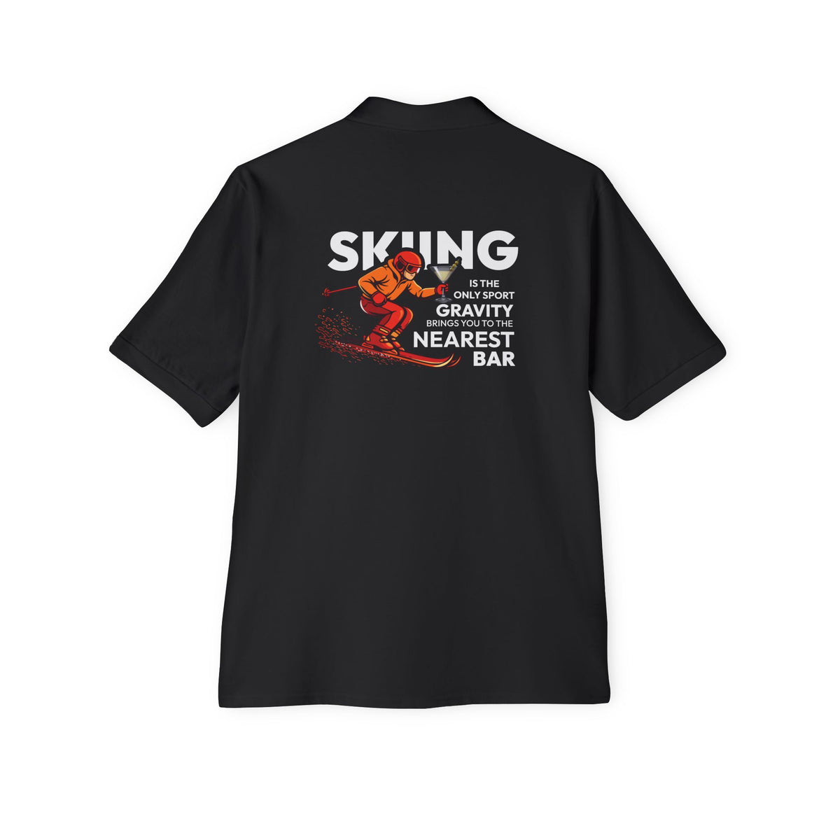 Skiing Nearest Bar Polo in Black, back view with skiing graphic