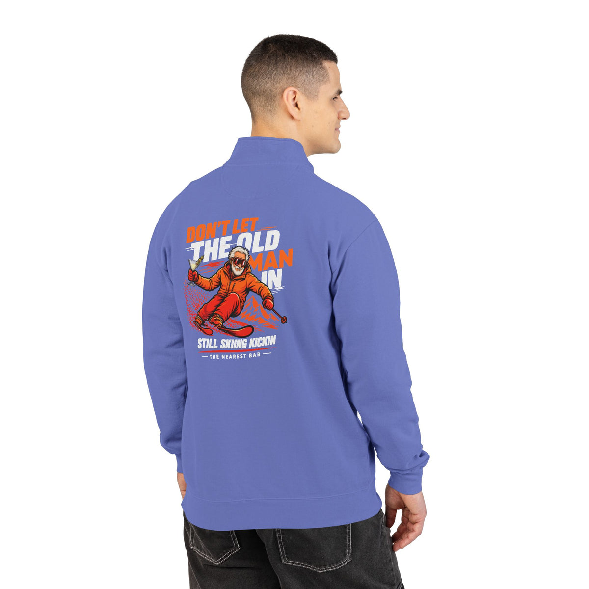 Don't Let the Old Man In Quarter-Zip Sweatshirt in Flo Blue, male model, back