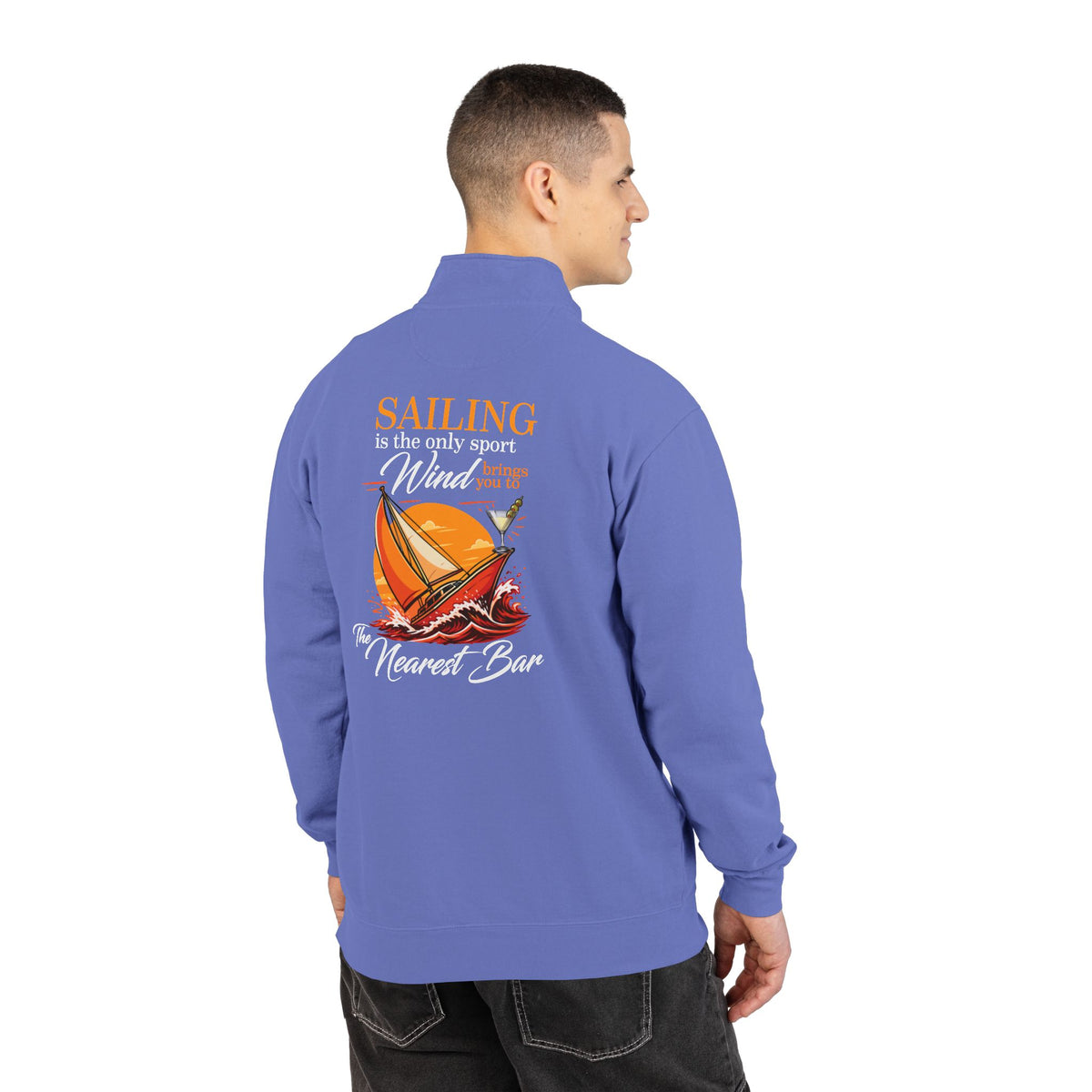 Wind & Sailing Quarter-Zip Sweatshirt in Flo Blue, male model, back