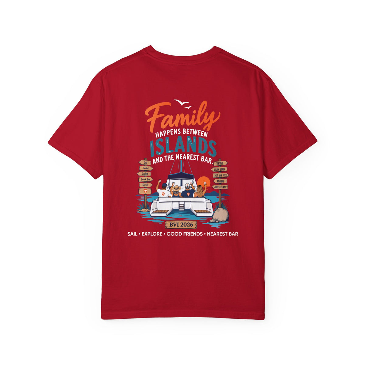 Family Happens BVI Sailing T-Shirt in Red, back view with catamaran graphic