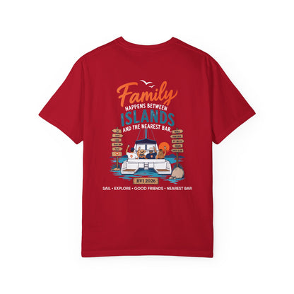 Family Happens BVI Sailing T-Shirt in Red, back view with catamaran graphic