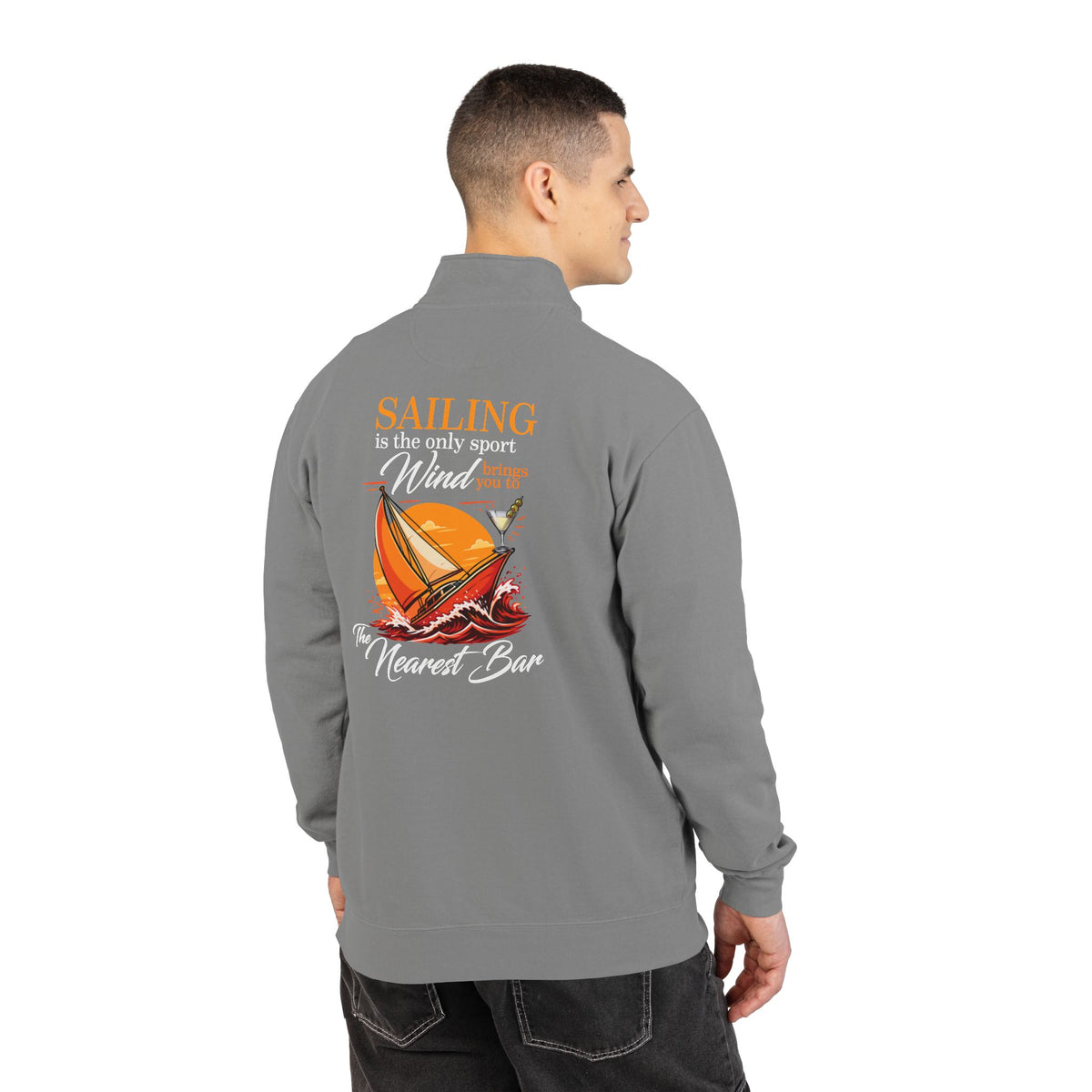 Wind & Sailing Quarter-Zip Sweatshirt in Grey, male model, back