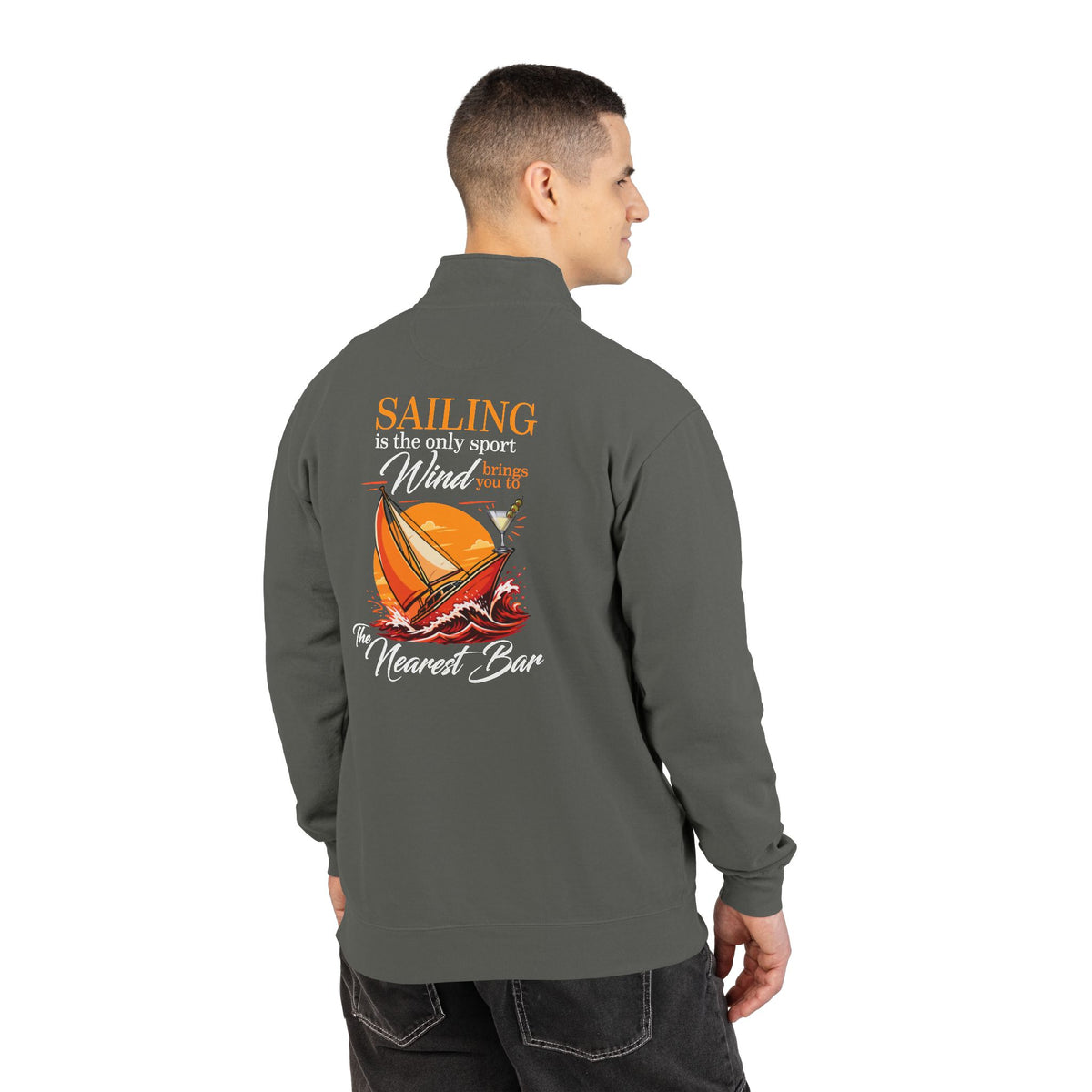 Wind & Sailing Quarter-Zip Sweatshirt in Pepper, male model, back