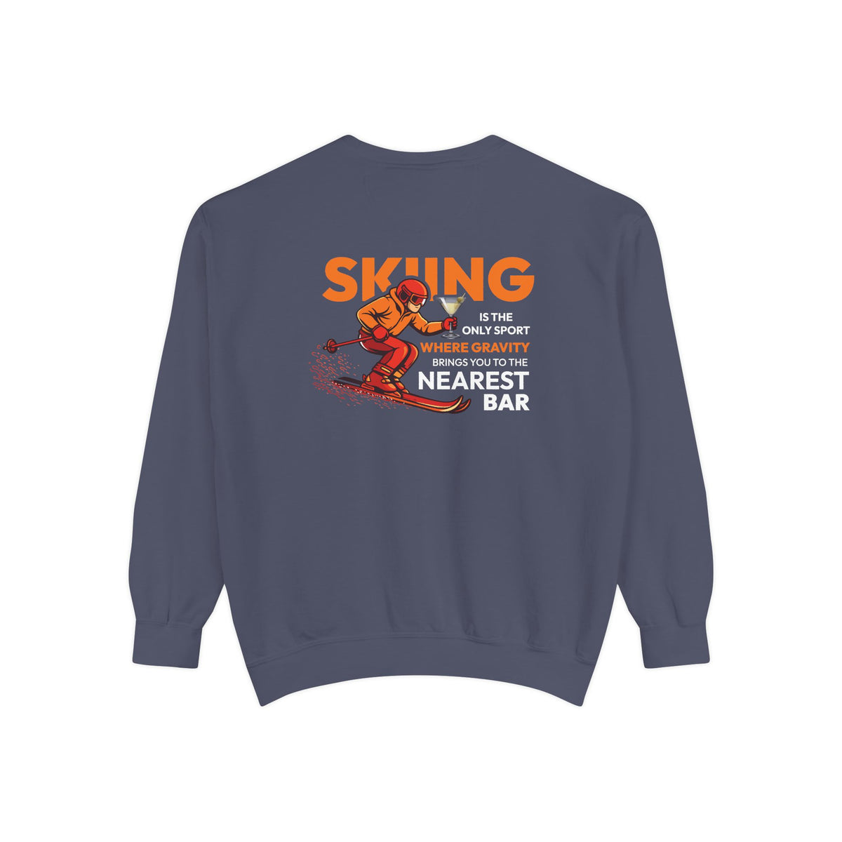 Gravity Skiing Crewneck Sweatshirt in Denim, flat back