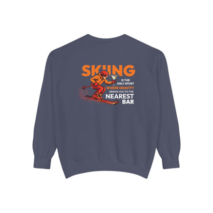 Gravity Skiing Crewneck Sweatshirt in Denim, flat back