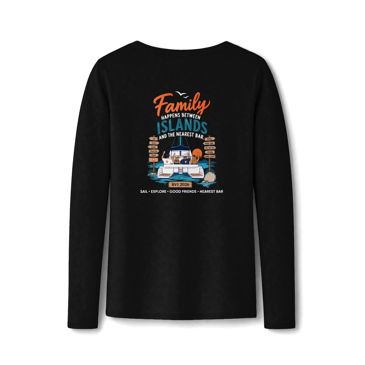 Family Happens Between Islands Women's Long Sleeve V-Neck Tee in Jet Black, back