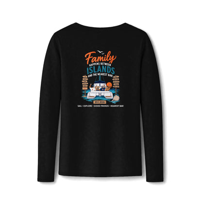 Family Happens Between Islands Women's Long Sleeve V-Neck Tee in Jet Black, back