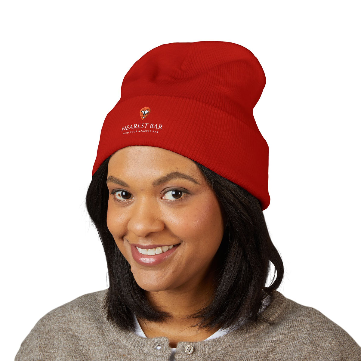 Nearest Bar Knit Cap in Red, female model