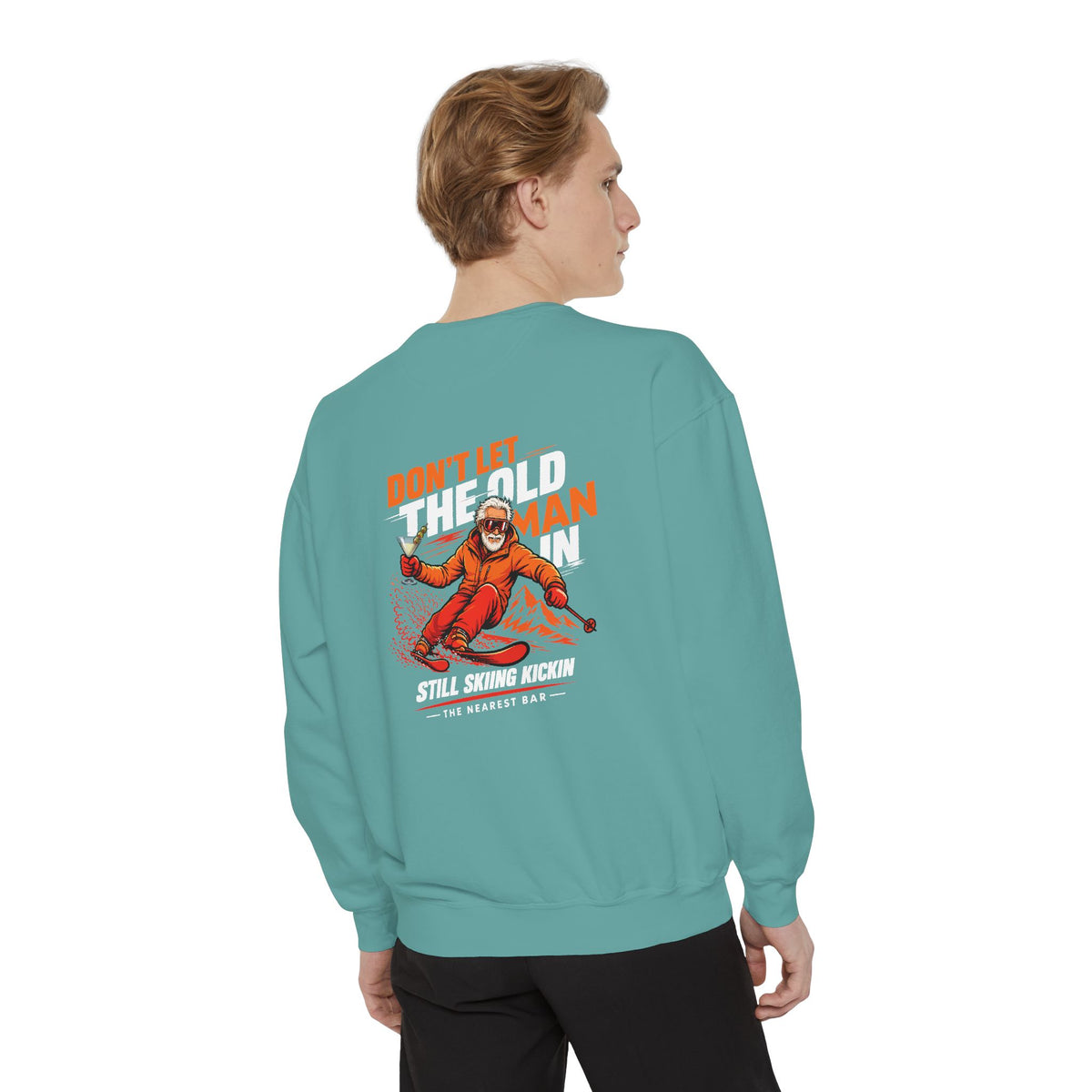 Don't Let the Old Man In Crewneck Sweatshirt in Seafoam, male model, back