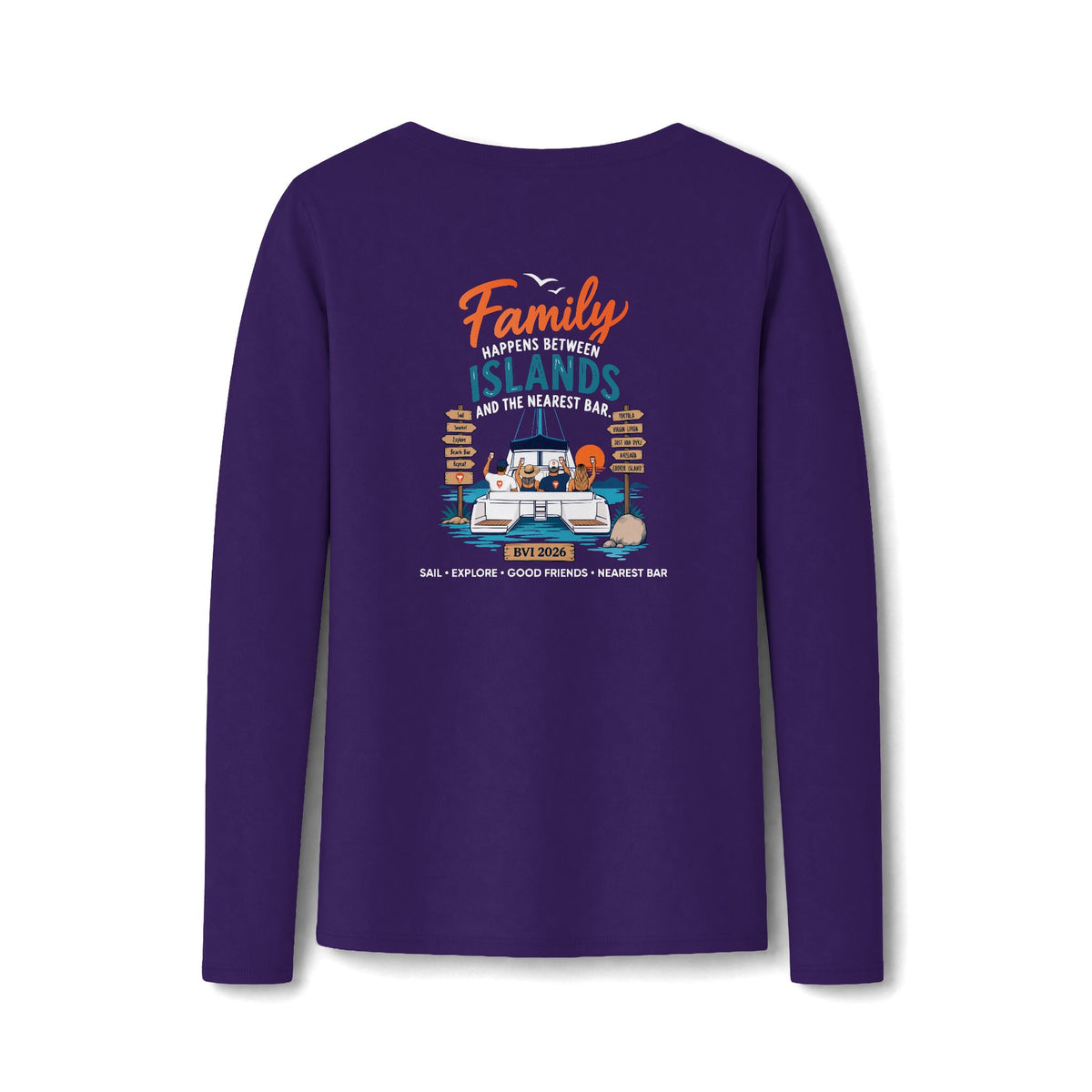 Family Happens Between Islands Women's Long Sleeve V-Neck Tee in Team Purple, back