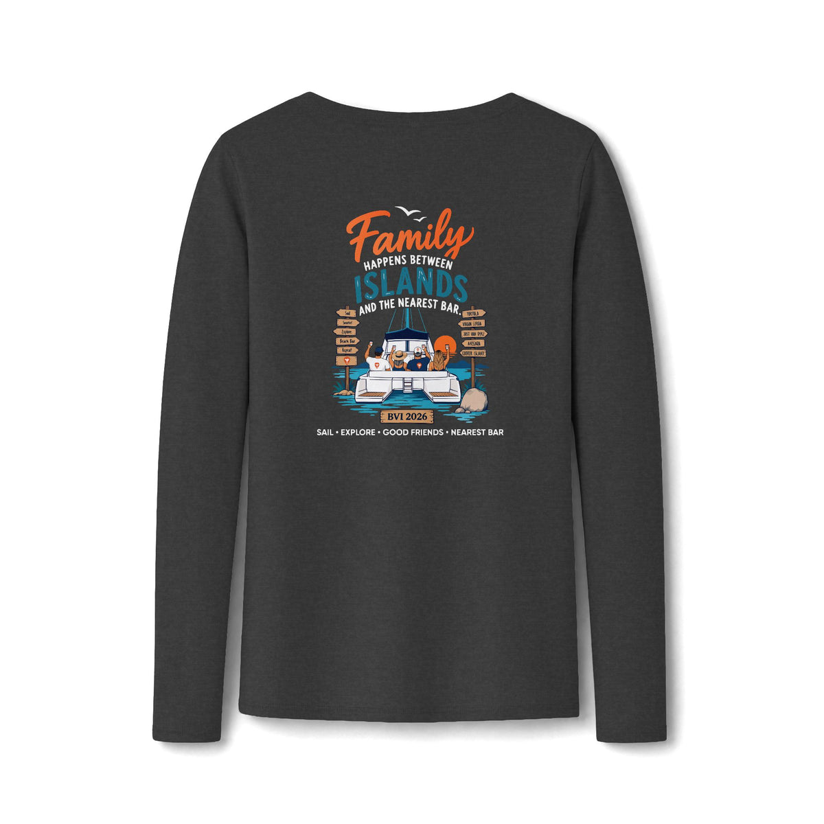 Family Happens Between Islands Women's Long Sleeve V-Neck Tee in Dark Heather Grey, back