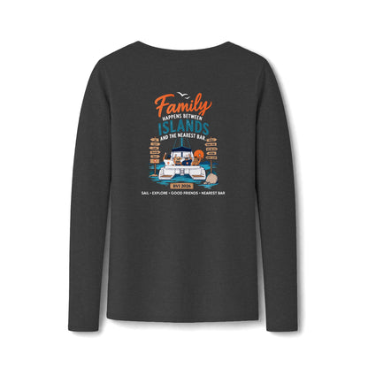 Family Happens Between Islands Women's Long Sleeve V-Neck Tee in Dark Heather Grey, back