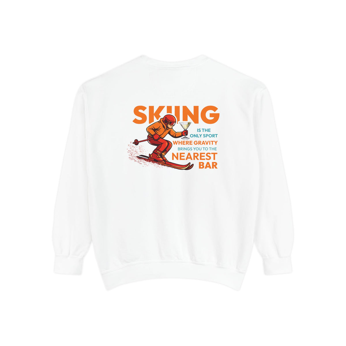 Gravity Skiing Crewneck Sweatshirt in White, flat back