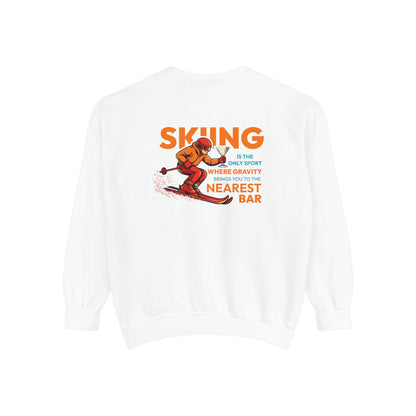 Gravity Skiing Crewneck Sweatshirt in White, flat back