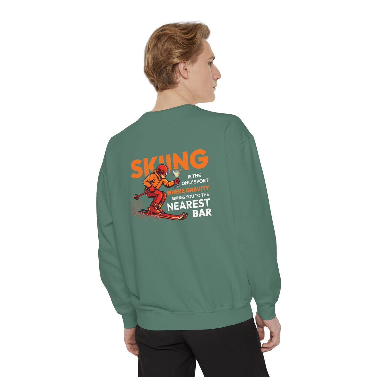 Gravity Skiing Crewneck Sweatshirt in Light Green, male model, back