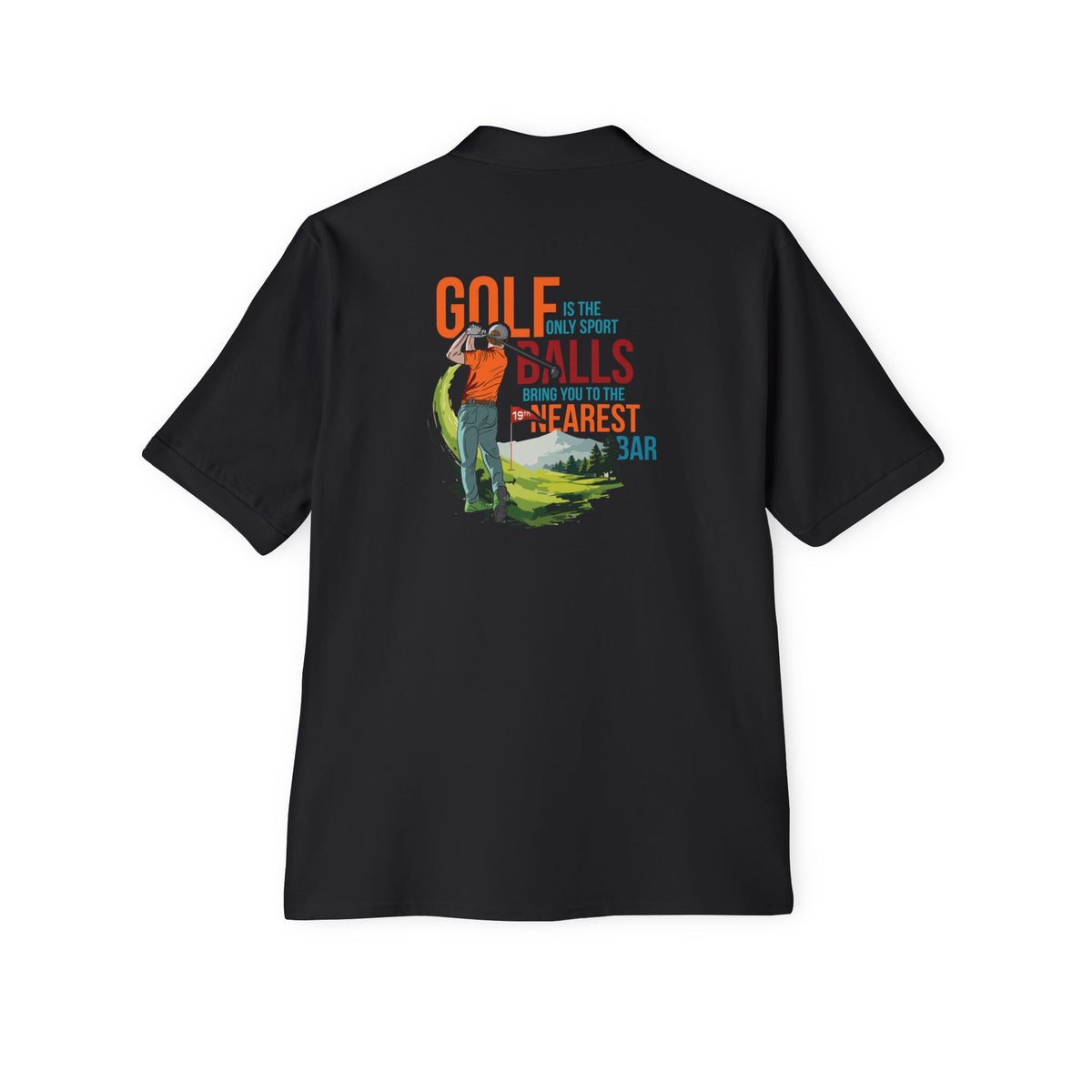 Golf Polo Shirt in Black, back view with golf graphic