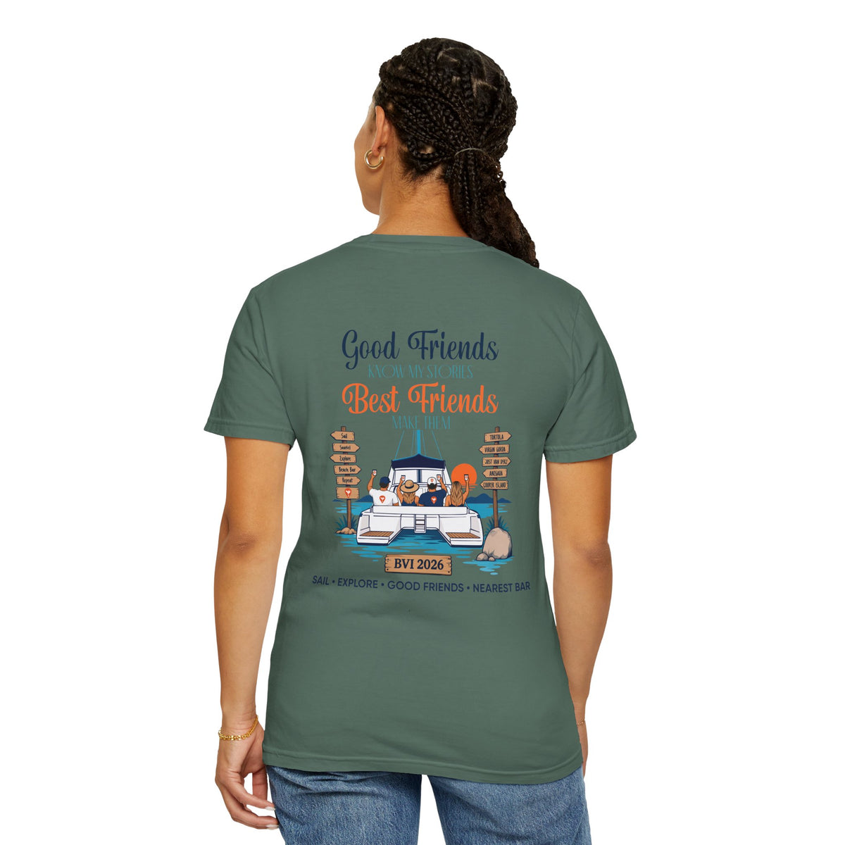 Woman wearing Good Friends BVI Sailing T-Shirt in Blue Spruce, back graphic