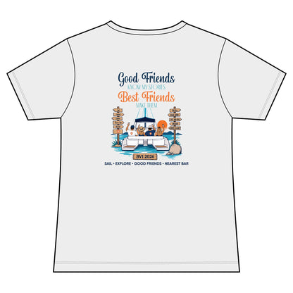 Good Friends, Best Friends Women's V-Neck Tee in White, back
