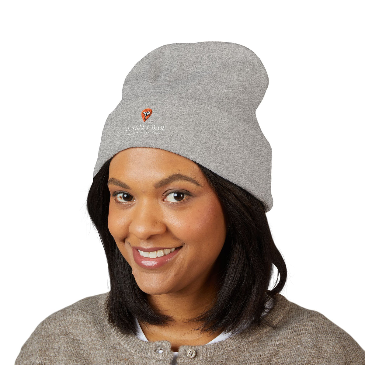 Nearest Bar Knit Cap in Heather Grey, female model