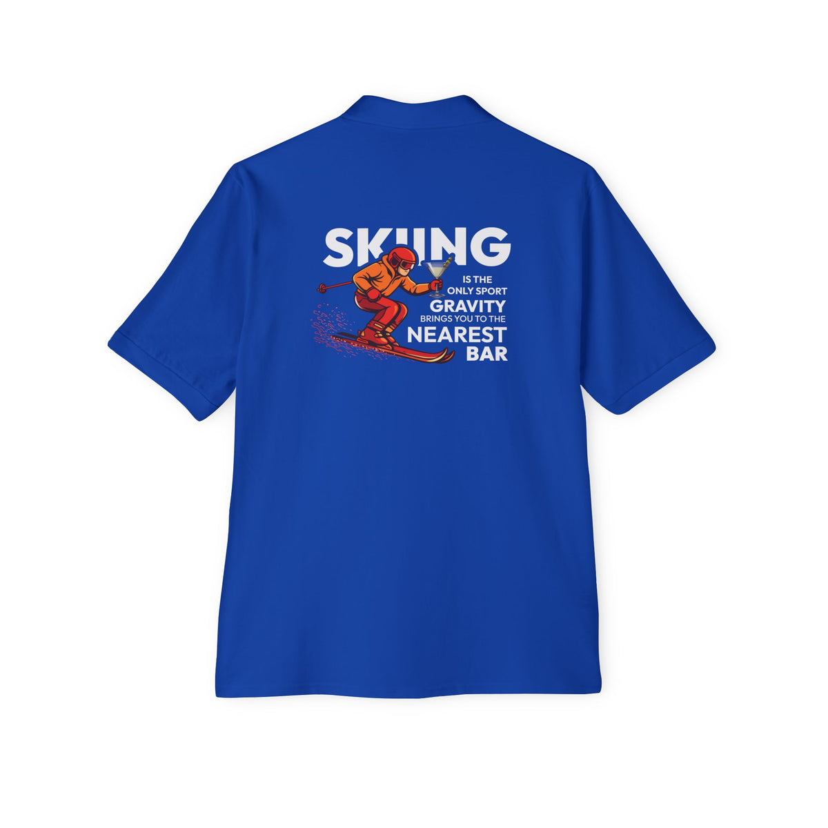 Skiing Nearest Bar Polo in Royal, back view with skiing graphic