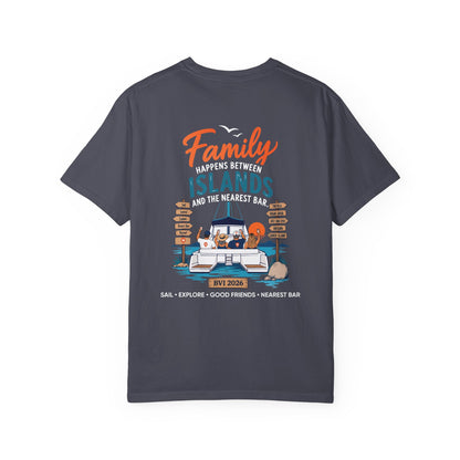 Family Happens BVI Sailing T-Shirt in Navy, back view with catamaran graphic
