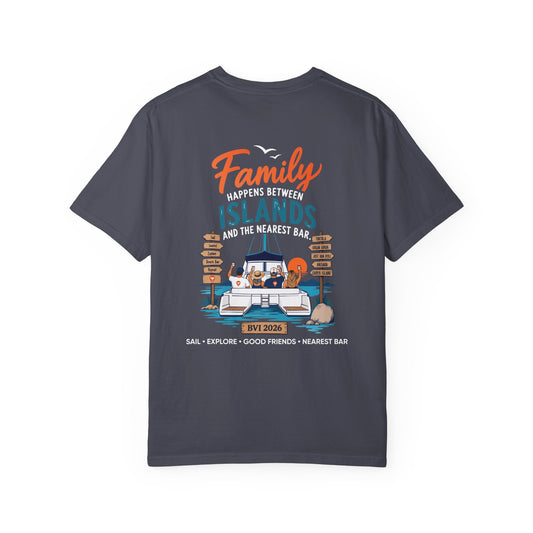 Family Happens BVI Sailing T-Shirt in Navy, back view with catamaran graphic