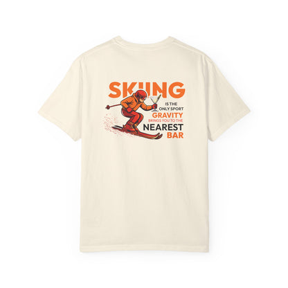 Skiing Nearest Bar Heavyweight T-Shirt in Ivory, back view with skiing graphic