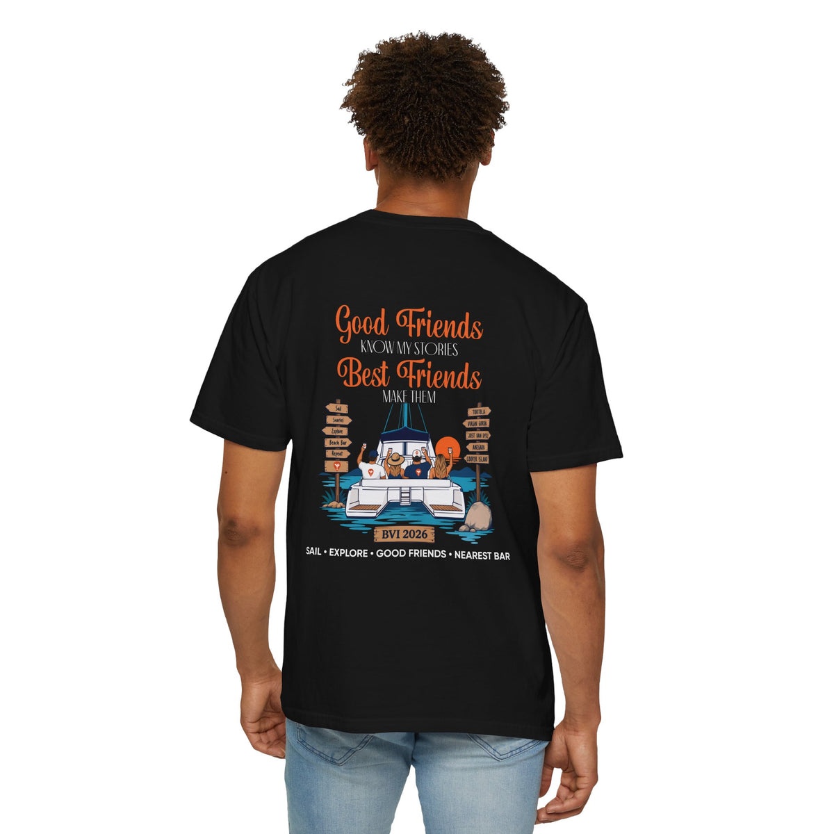 Man wearing Good Friends BVI Sailing T-Shirt in Black, back graphic