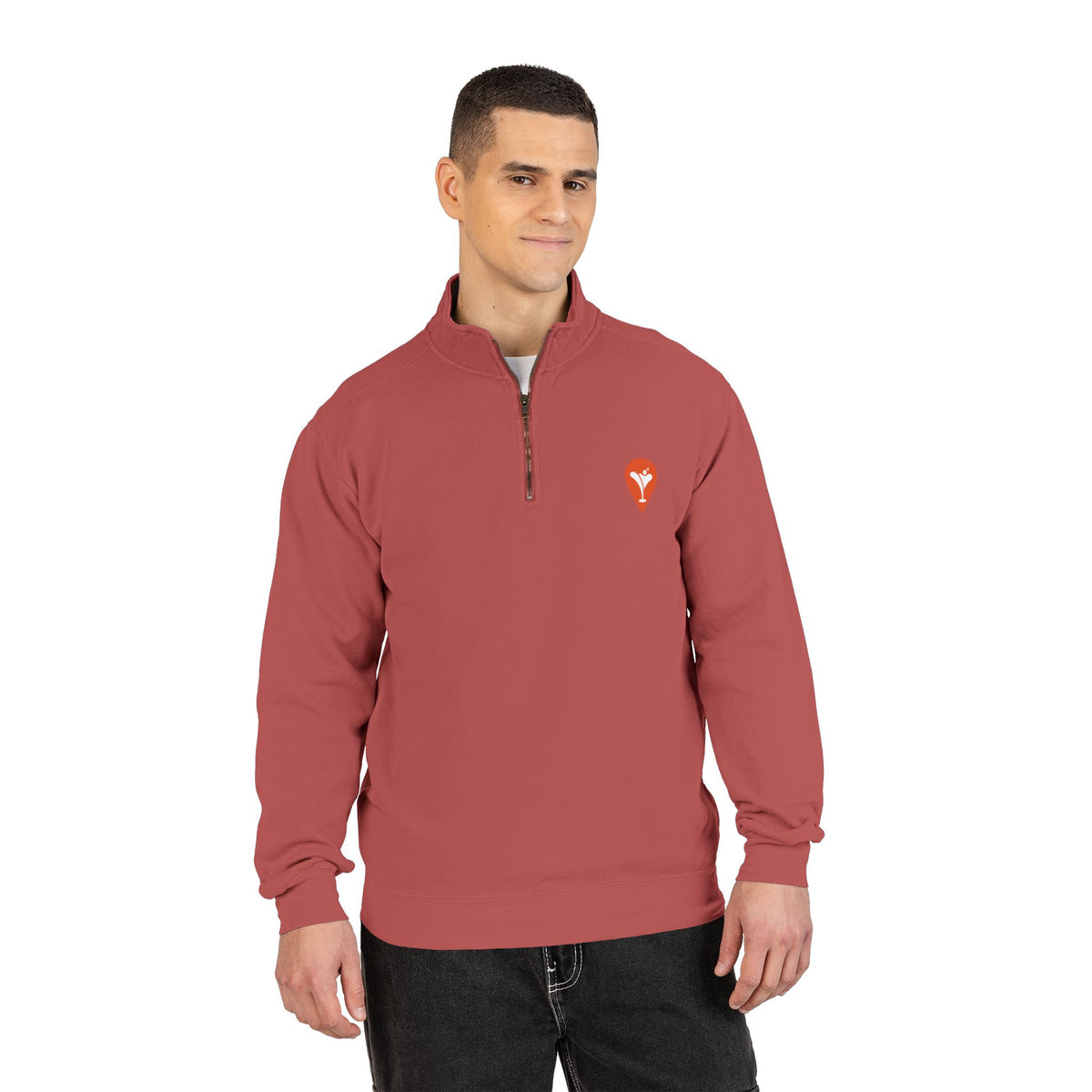 Man wearing Nearest Bar golf quarter-zip in Crimson, front