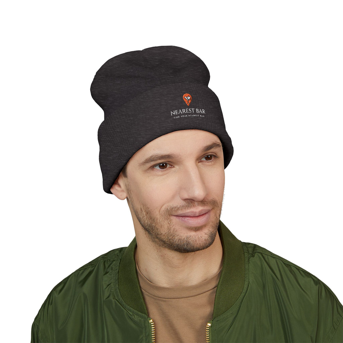 Nearest Bar Knit Cap in Dark Grey, male model