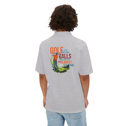 Man wearing Golf Polo Shirt in Athletic Heather, back graphic