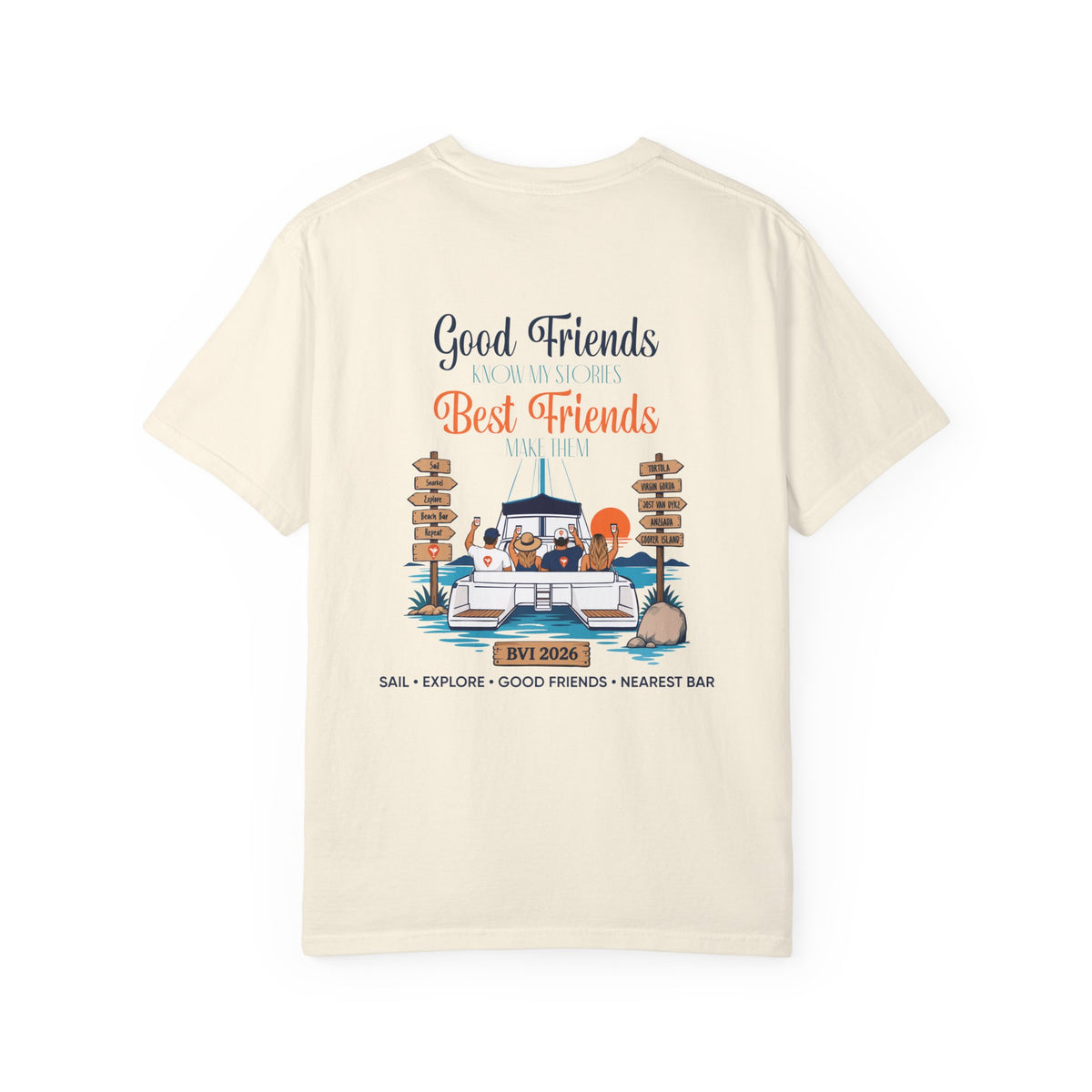 Good Friends BVI Sailing T-Shirt in Ivory, back view with catamaran graphic