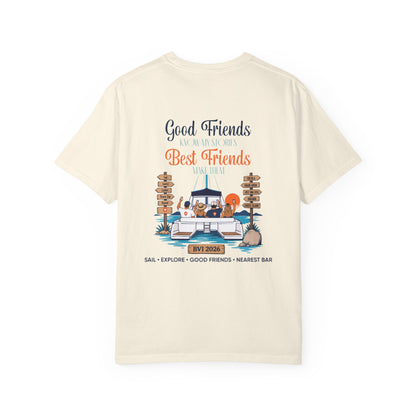 Good Friends BVI Sailing T-Shirt in Ivory, back view with catamaran graphic