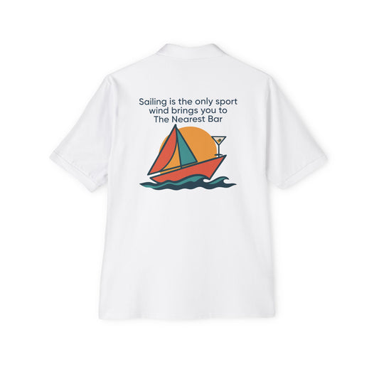 Wind & Sailing Polo in White, back view with sailboat graphic