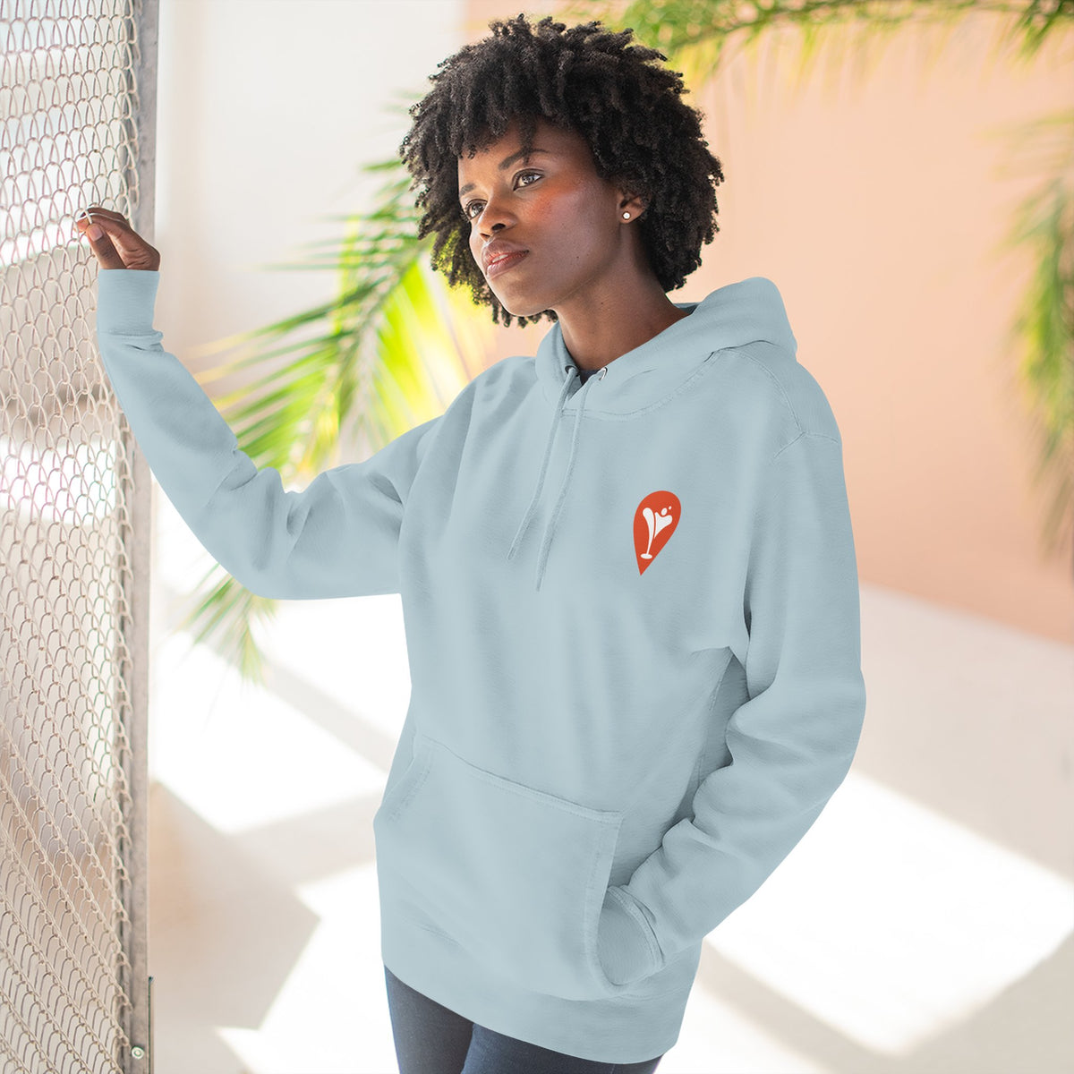 Gravity Skiing Fleece Hoodie in Blue Mist, female model, front