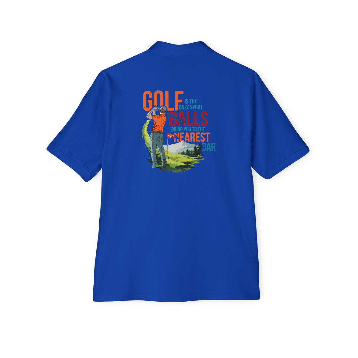 Golf Polo Shirt in Royal, back view with golf graphic